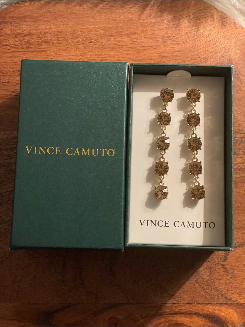 VINCE CAMUTO Gold Tone Linear Brown Crystal Earrings